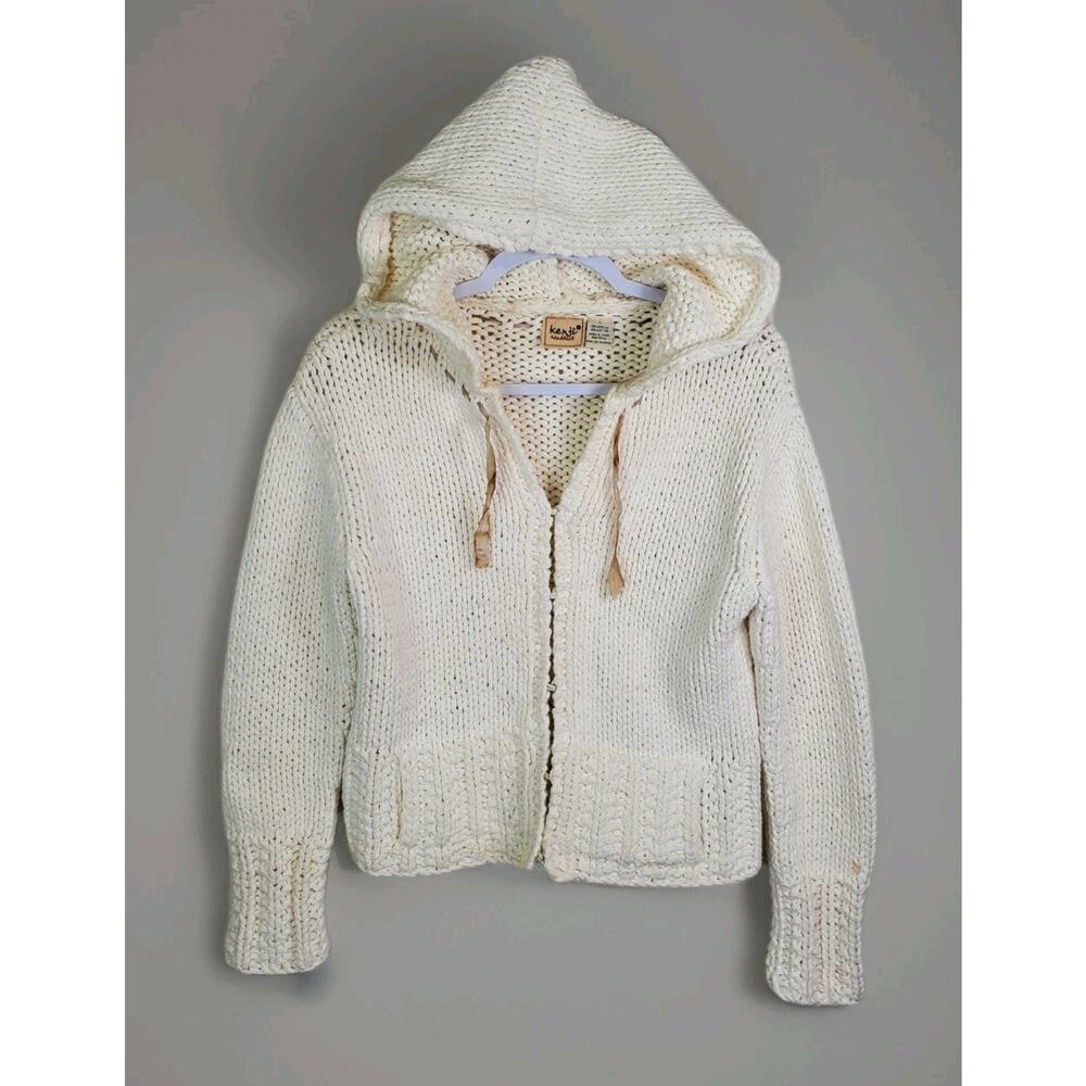 Kenji Handknit Sweater Women's Sz Large Cream Hand Chunky Cable Knit Hooded